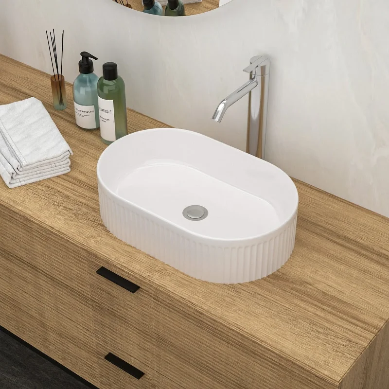 19 in. Oval White Ceramic Vessel Bathroom Sink - 19'' x 12''