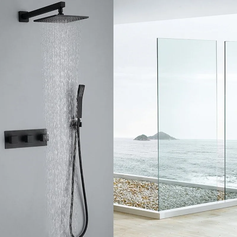 2 Functions Complete Shower Fixtures, 3 Knob Handles Complete Shower Systems, 10 inches Matt Black