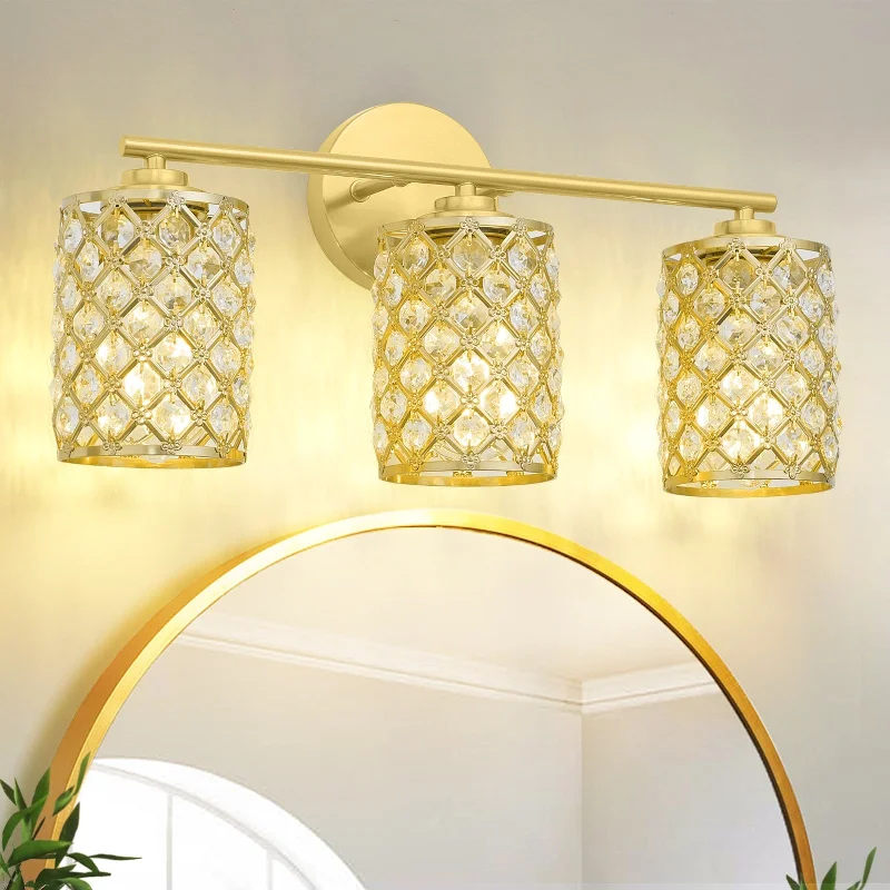 3 Light Bathroom Light Fixtures, Modern Farmhouse Vanity Light, Brushed Nickel/Gold/Chrome Crystal Bathroom Lights