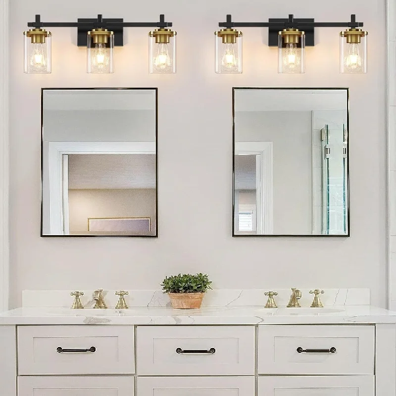 3-Lights Black and Gold Bathroom Light Fixtures Over Mirror