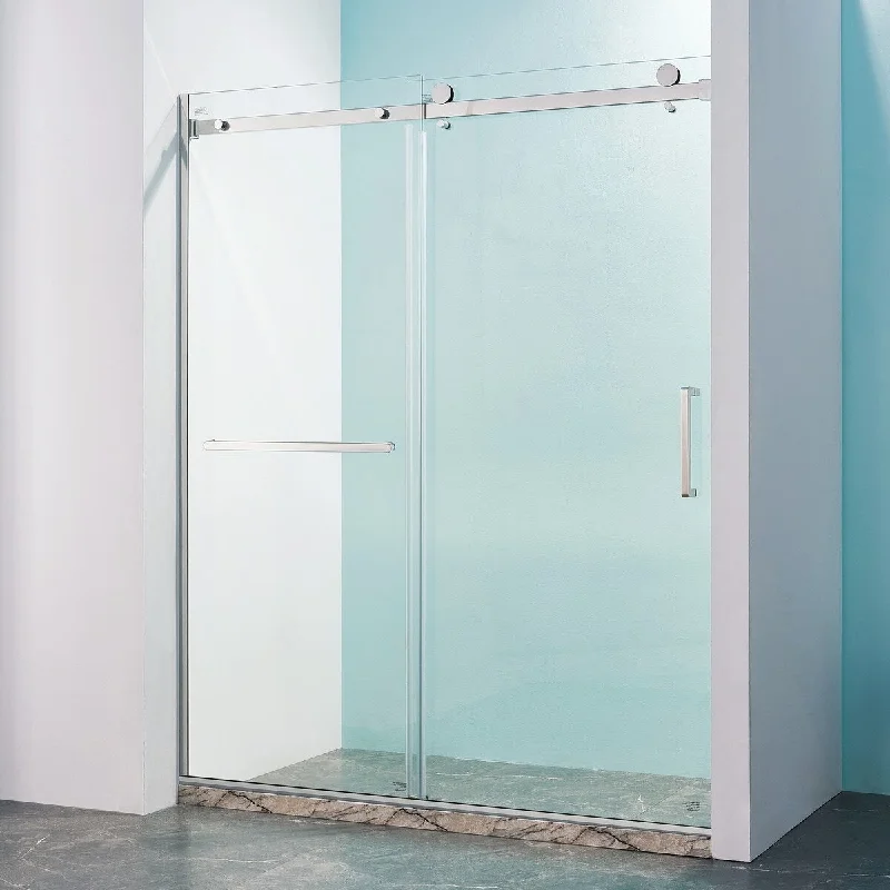 56-60"W x 75"H Semi-Frame Single Sliding Shower Door, 304 Stainless Steel, 5/16 inches (8mm) Thick SGCC Tempered Clear Glass.