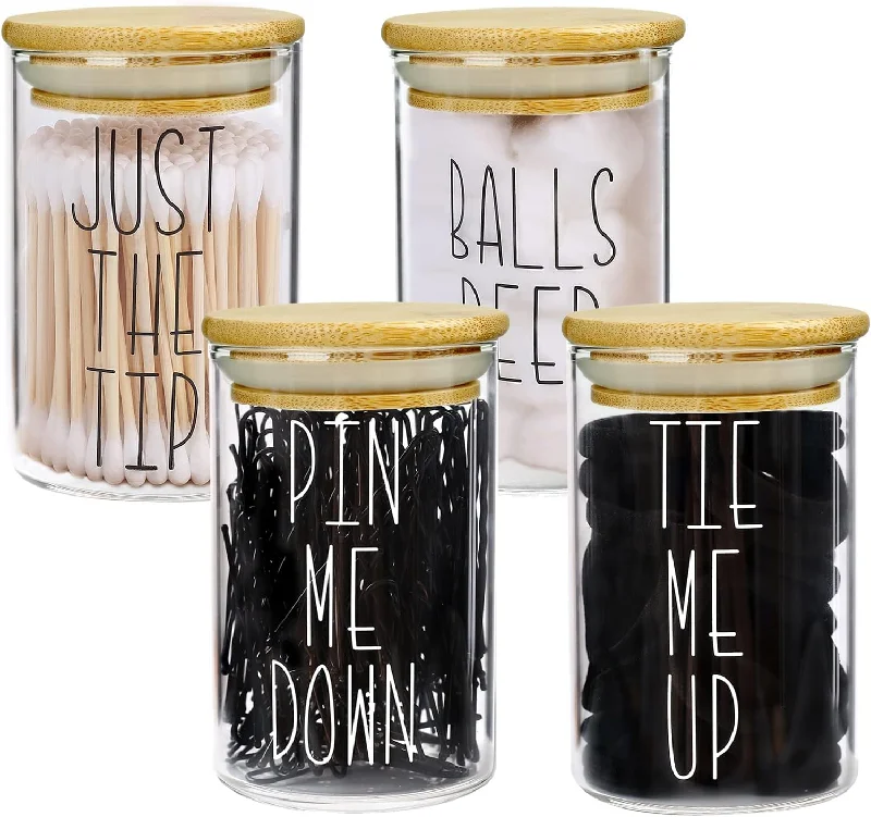 Apothecary Jars with Lids Glass for Bathroom Organization, Accessories (Set of 4, Ties & Pins)