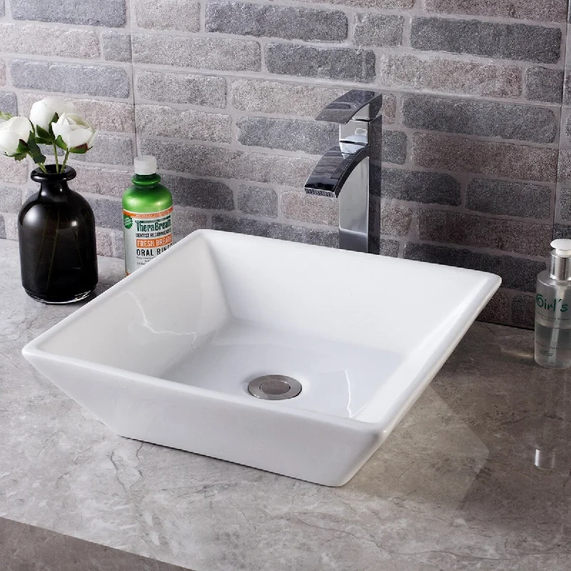 Aurora Decor Single Bowl Square Vessel Bathroom Sink in White - 16 in. Width