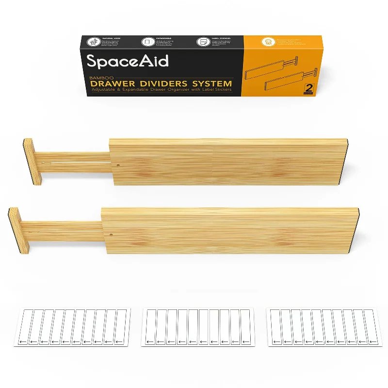 SpaceAid 4“ High Bamboo Deep Drawer Dividers for Kitchen, Clothes and Bathroom with 2 Dividers (17-22 in)