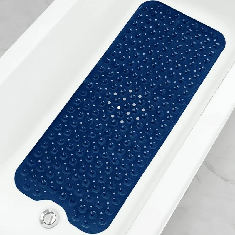 Bathtub and Shower Mats 39" x 16" with Suction Cups & Drain Holes for Bathroom, Navy Blue