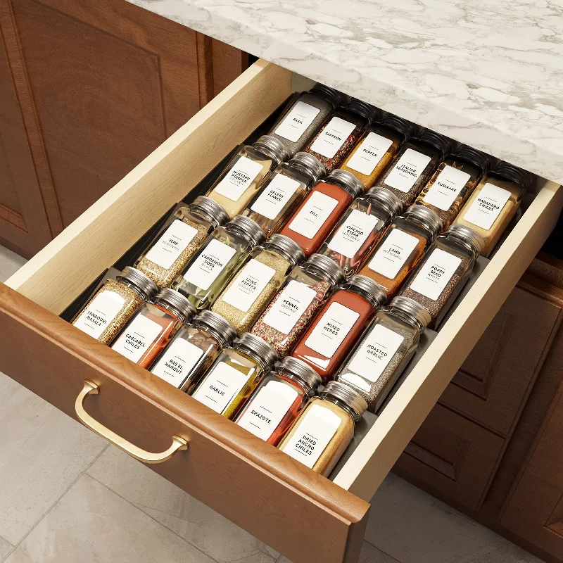 SpaceAid Best Spice Drawer Organizer with 24 Glass Spice Bottles, 11.25" Wide x 17.5" Deep