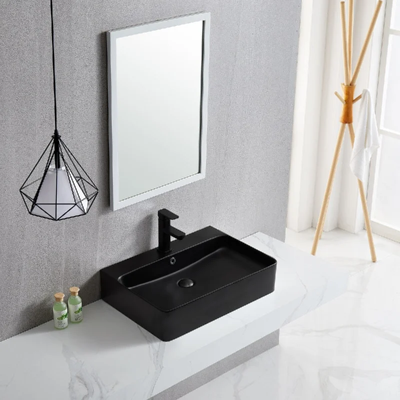 Black Rectangle Bathroom Vessel Sink with Ceramic Drain And Overflow - 23.62 in. width