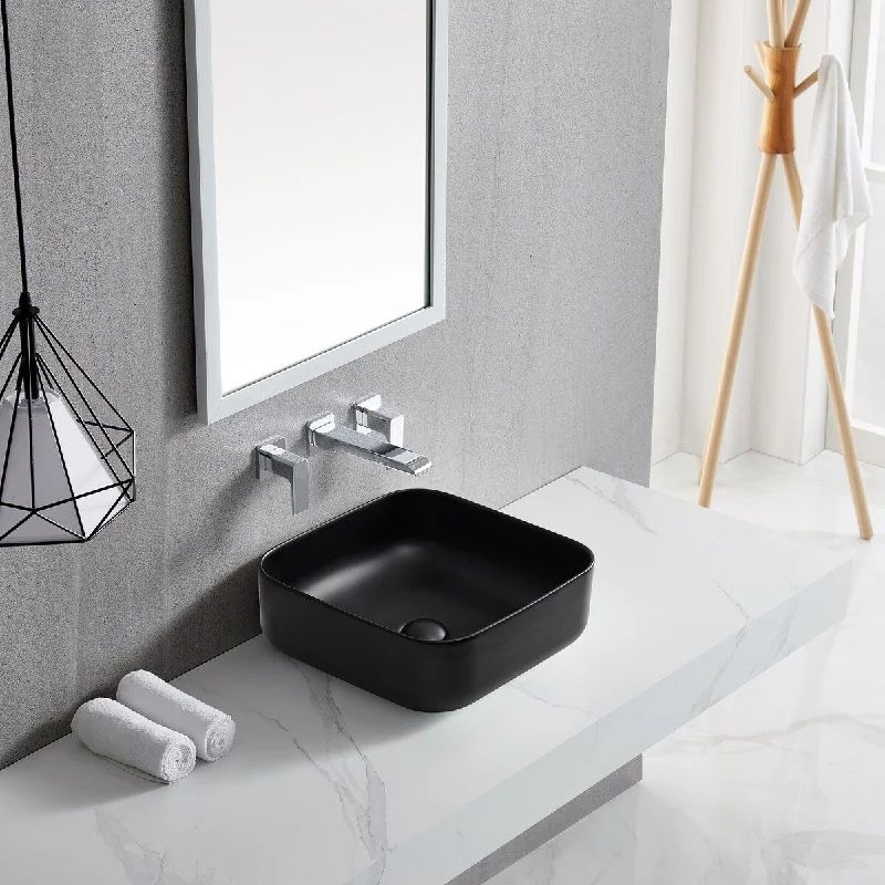 Black Rectangle Bathroom Vessel Sink with Ceramic Drain Stopper - 15.35 in. width