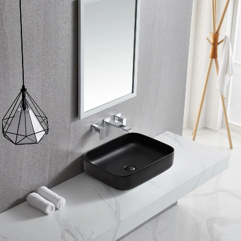 Black Rectangle Bathroom Vessel Sink with Ceramic Drain Stopper - 19.69 in. width