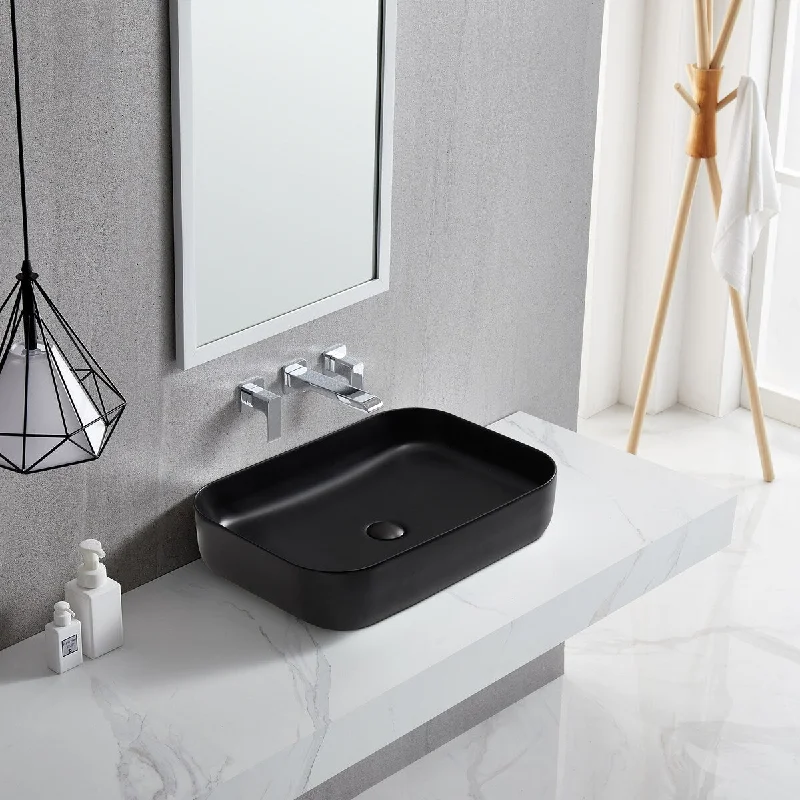 Black Rectangle Bathroom Vessel Sink with Ceramic Drain Stopper - 23.62 in. width