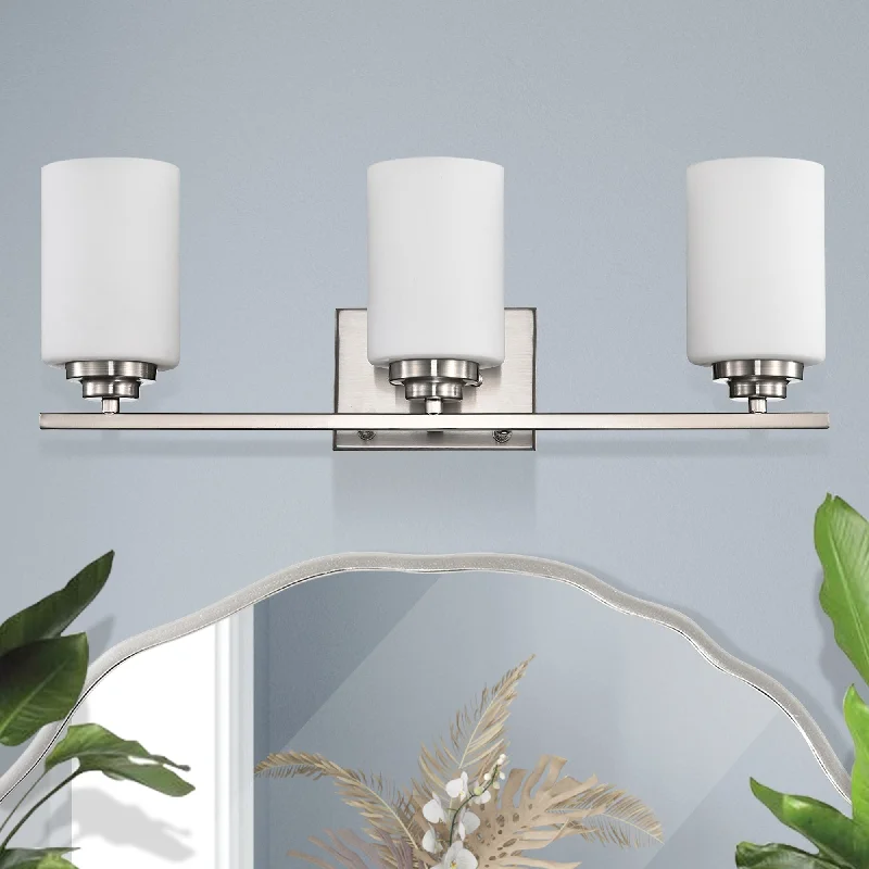 Brushed Nickel 3-Light Vanity Lights with White Etched Glass Shades