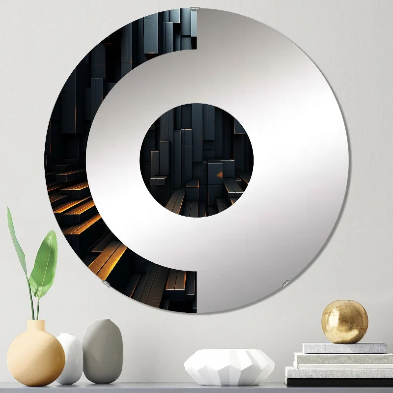 Designart "3D Black Brick Cube Dimensions VI" - Modern Abstract Geometric Half Circle Wall Mirror