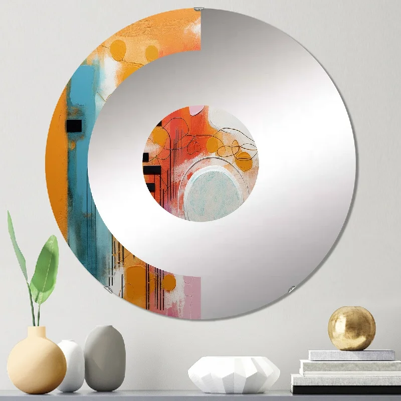 Designart "Colorful orange and blue play forms II" - Modern Abstract Geometric Half Circle Wall Mirror