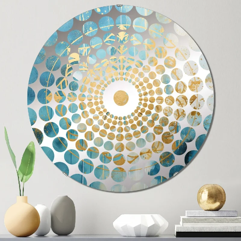 Designart "Divine Mandala Delicate Gold Gentle Turquoise VII" - Boho Mandala Concentric Circles Decorative Mirror