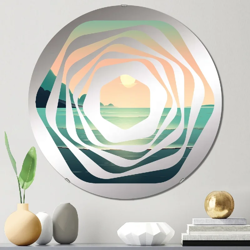 Designart "Full Moon Rising Ocean Minimalism In Retro Blue" - Coastal Coastal Beach Amorphe Decorative Mirror