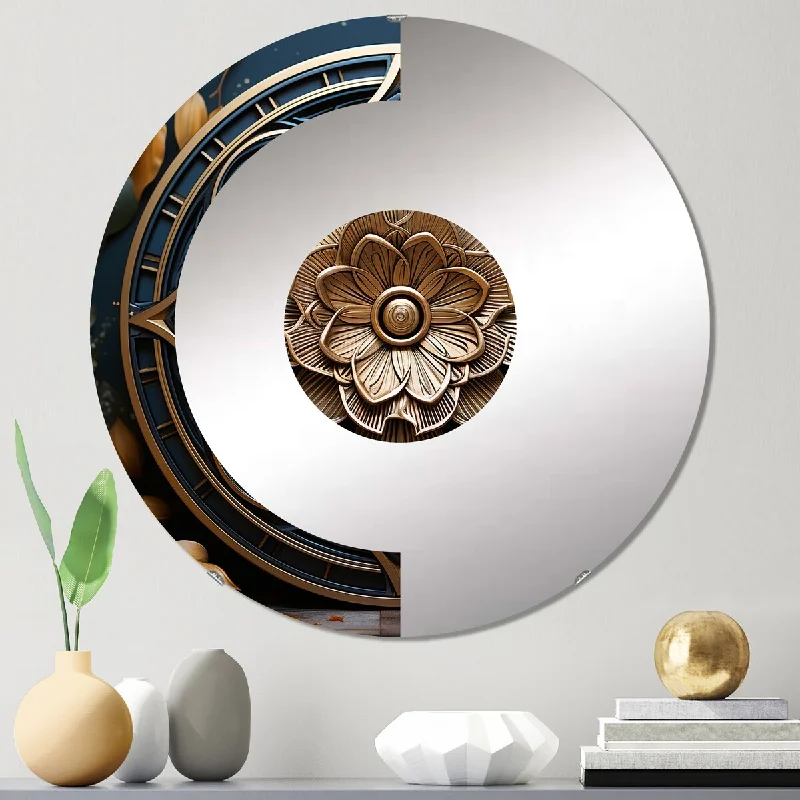 Designart "Gold And Teal 3D Flowers Ancient Seal IV" - Modern Abstract Botanicals Half Circle Wall Mirror