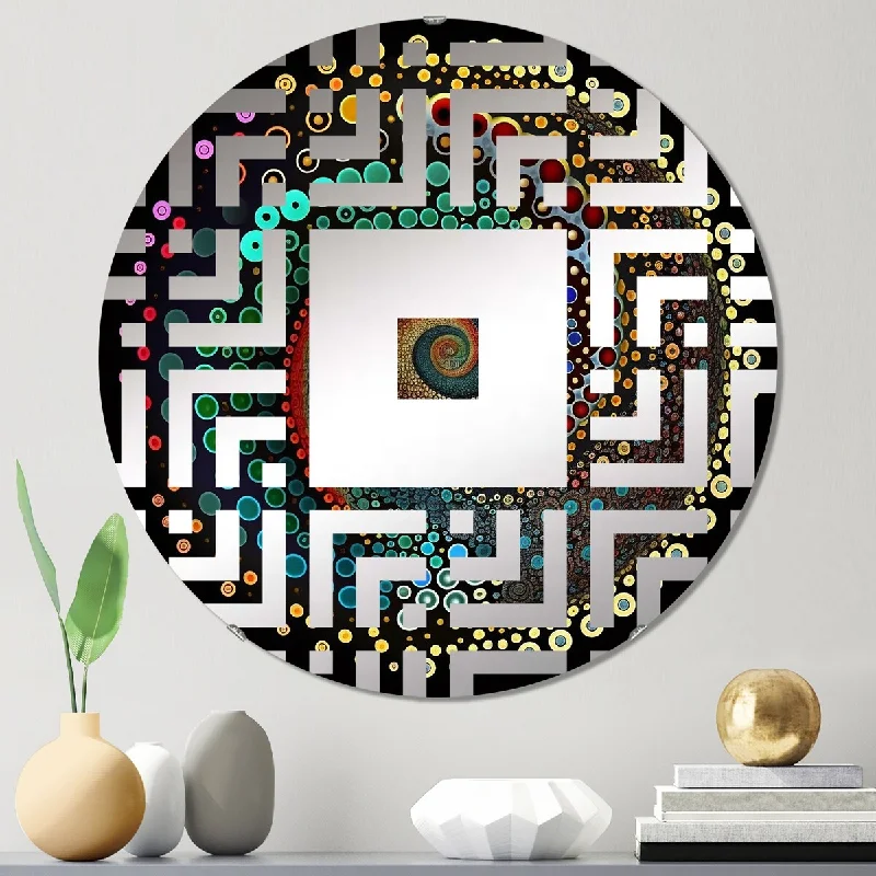 Designart "Iridiscdent Pointillism Spiral Retro Rainbow III" - Modern Abstract Geometric Square Wall Mirror