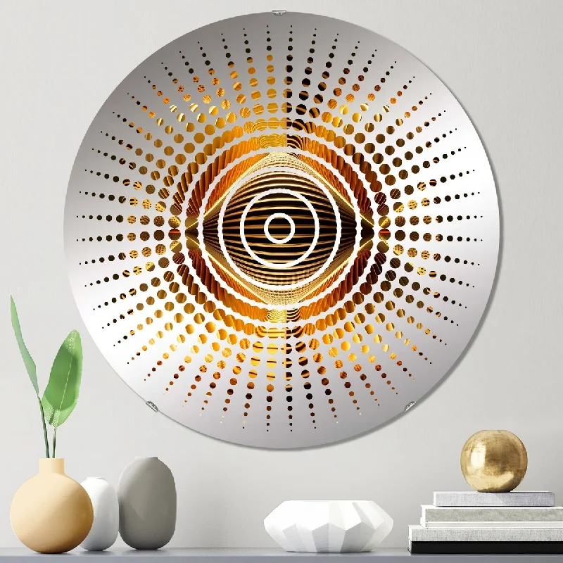 Designart "Op-Art Retro Gold Geometric Dimensions II" - Modern Abstract Spirals Sun Circles Wall Mirror