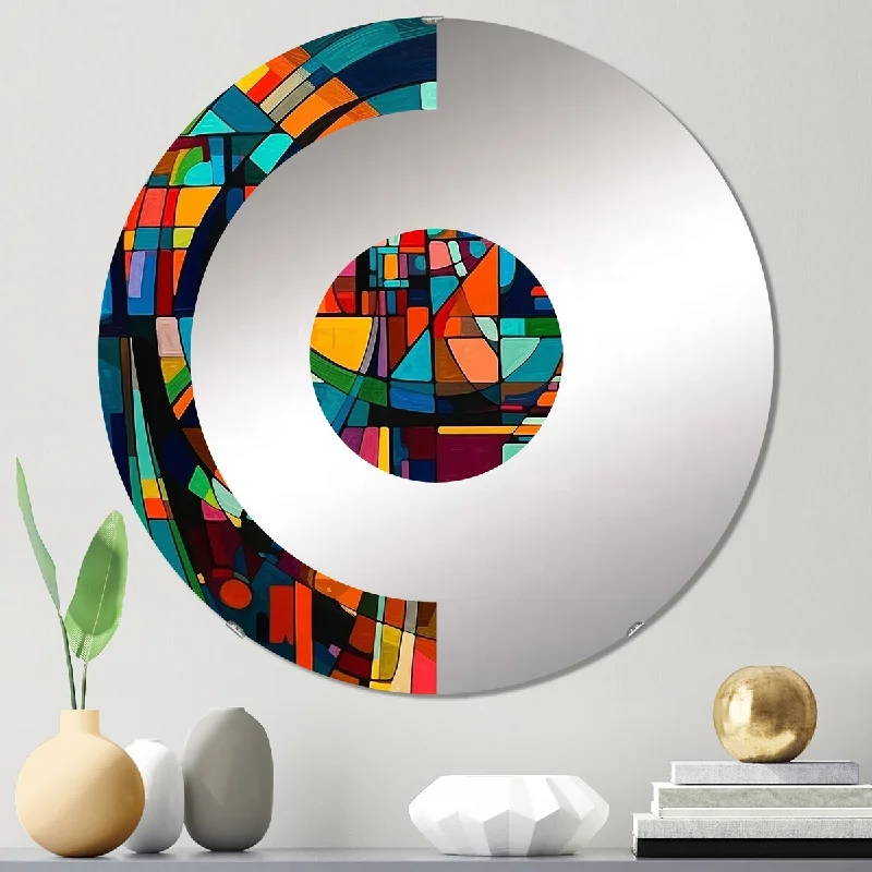 Designart "Orange Forces In Motion" - Modern Abstract Geometric Half Circle Wall Mirror