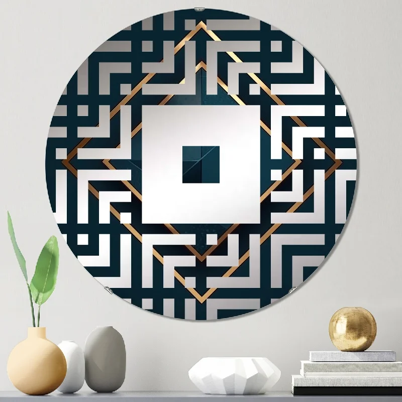 Designart "Retro Diamond Geometry in Blue And Gold" - Modern Abstract Geometric Square Wall Mirror