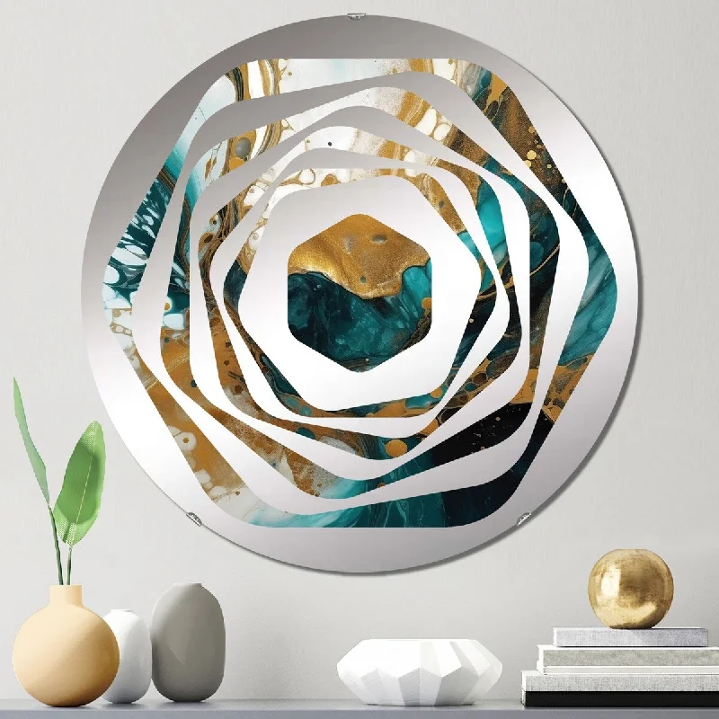 Designart "Turquoise And Gold Sculpting Space" - Modern Abstract Geometric Amorphe Decorative Mirror