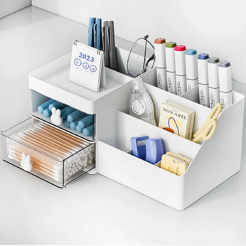 Desk Organizer with 2 Drawers and 6 Compartments, White