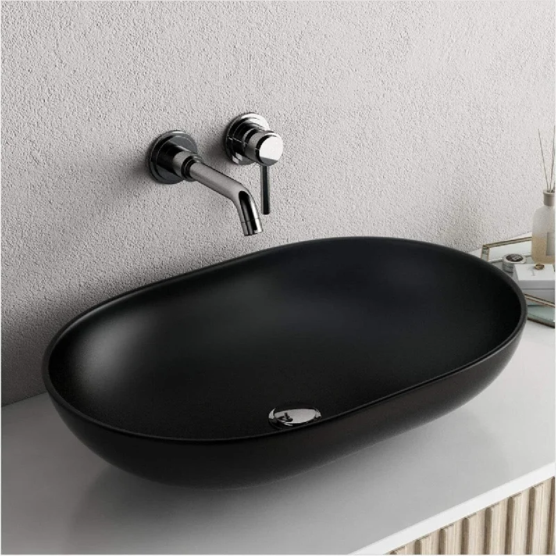 EPOWP Oval Vessel Bathroom Sink Tempered Glass Vessel Bowl Sink in Black