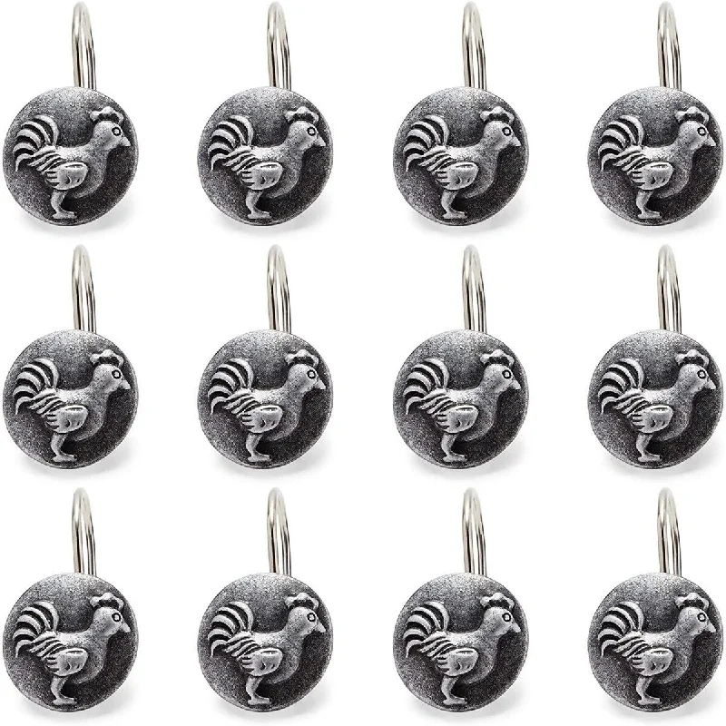 Farmhouse Shower Curtain Hooks, Rooster Home Décor (1.45 in, Black, 12 Pack) - Silver