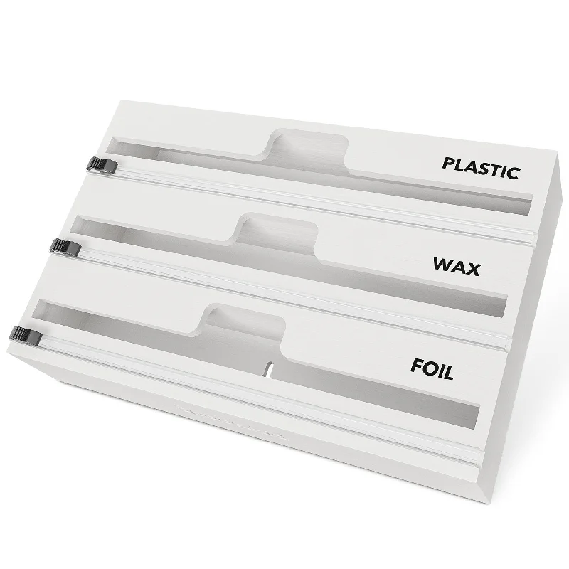 SpaceAid WrapNeat 3 in 1 Foil and Plastic Wrap Dispenser with Cutter and Labels, White