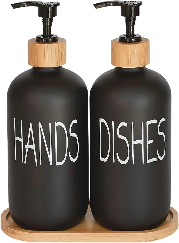 Glass Hand Soap and Dish Soap Dispenser with Pump and Bamboo Tray, Matte Black