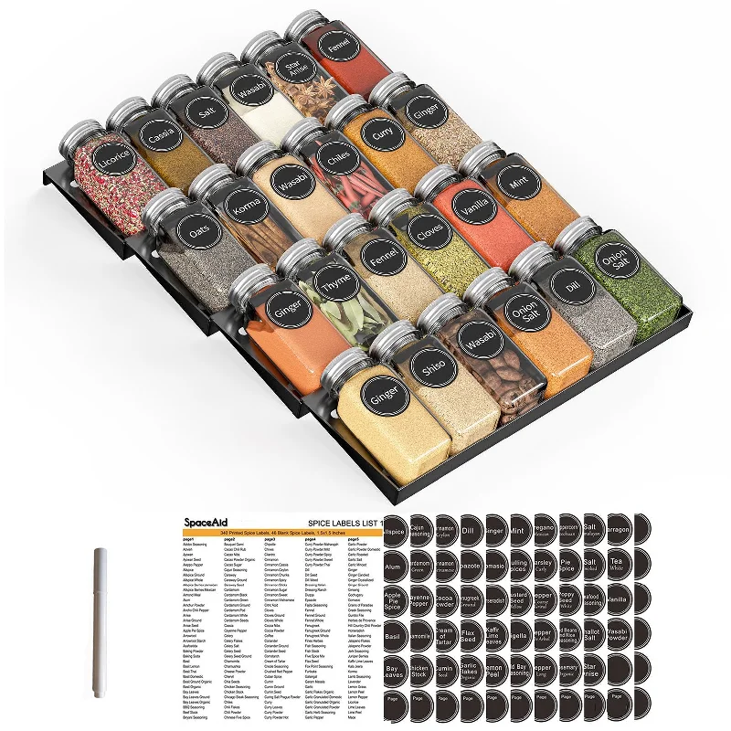 SpaceAid In Drawer Spice Organizer with 24 Spice Bottles, 11.25" Wide x 17.5" Deep