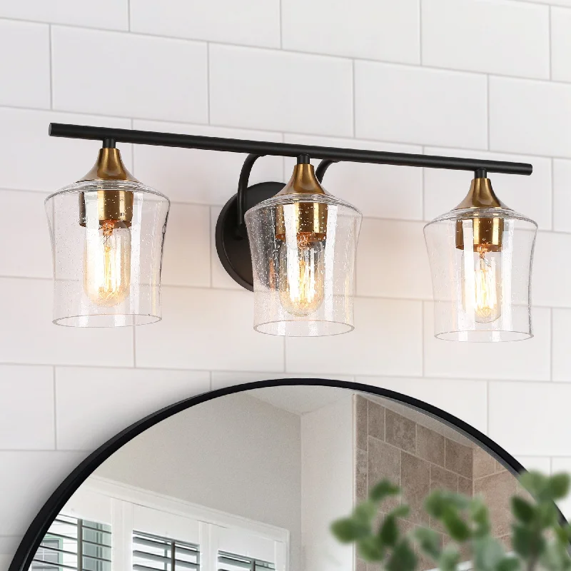 Modern Black Gold 2/3/4-Light Linear Bathroom Vanity Lights with Seeded Glass