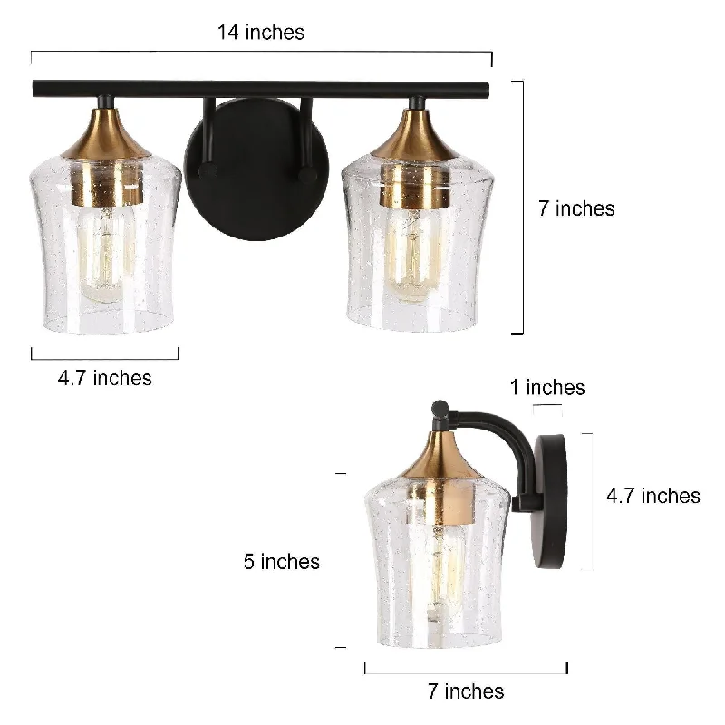 Modern Black Gold 2-Light Bathroom Vanity Lights Seeded Glass Wall Sconce Lighting - 14" L x 7" W x 7" H