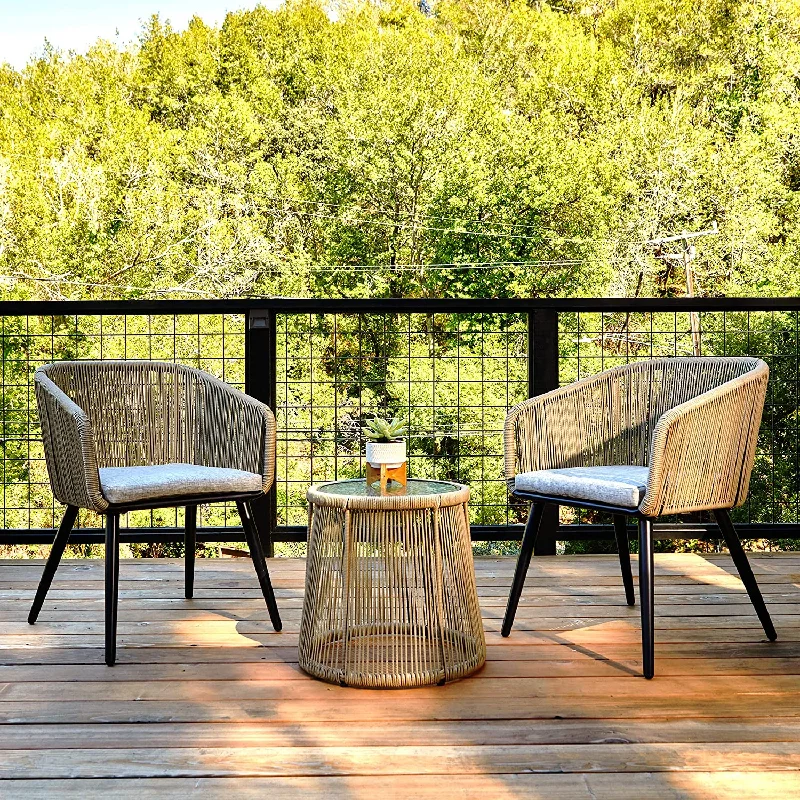 Patio Furniture Set 3 Piece, Handwoven Rattan Wicker Chairs with Waterproof Cushions, Tempered Glass Top Coffee Table