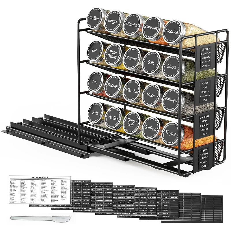 SpaceAid Pull Out Spice Rack Organizer with 20 Jars and 801 Labels for Kitchen Cabinet