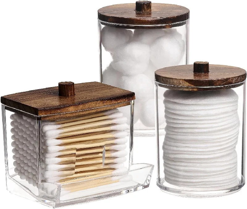 Qtips Holder Bathroom Container with Wood Lids (3 Holder)