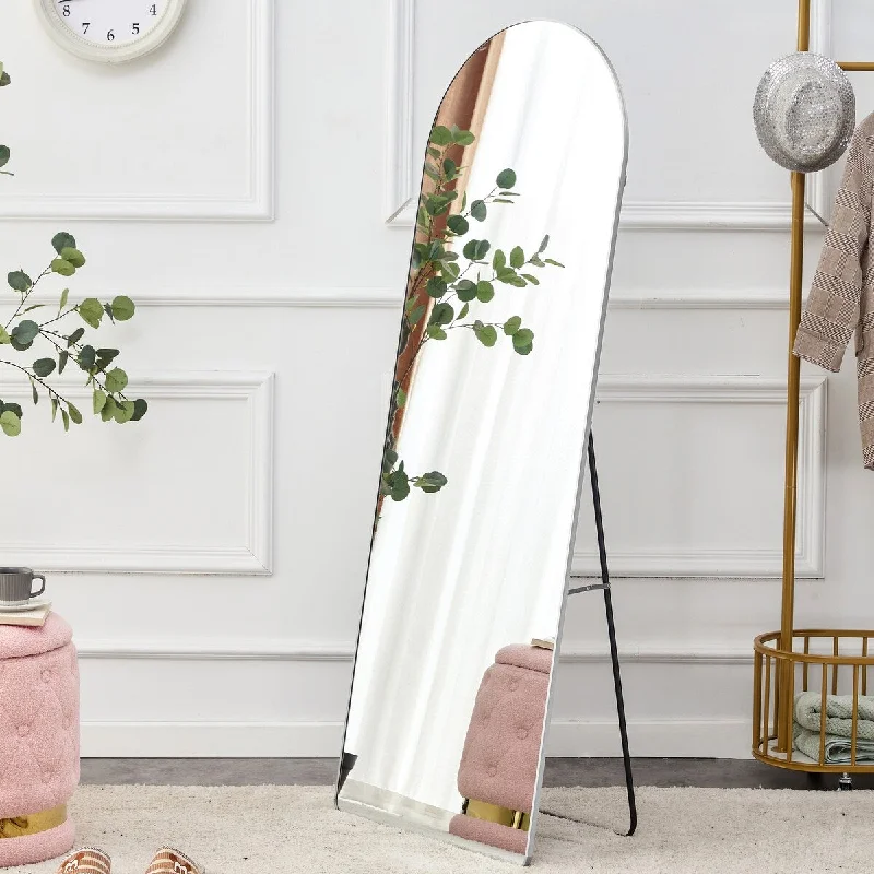 Silver Aluminum Alloy Metal Frame Arched Wall Mirror, Bathroom Makeup Mirror, Floor Standing Large Mirror, Wall Mounted