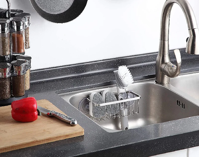 Sink Kitchen Suction Sponge Holder Stainless Steel, Brushed Texture, 7.4 x 3.3 x 2.75 Inch