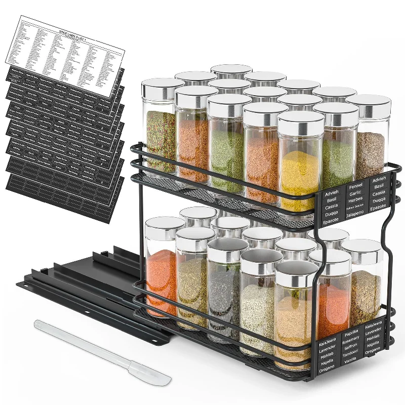 SpaceAid Slide Out Spice Rack Organizer for Kitchen Cabinet with Labels and Chalk Marker, 1 Drawer 2-Tier