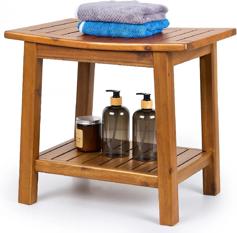 Solid Wood Shower Stool Waterproof Shower Seat with Storage Shelf, Shower Bench, 20"