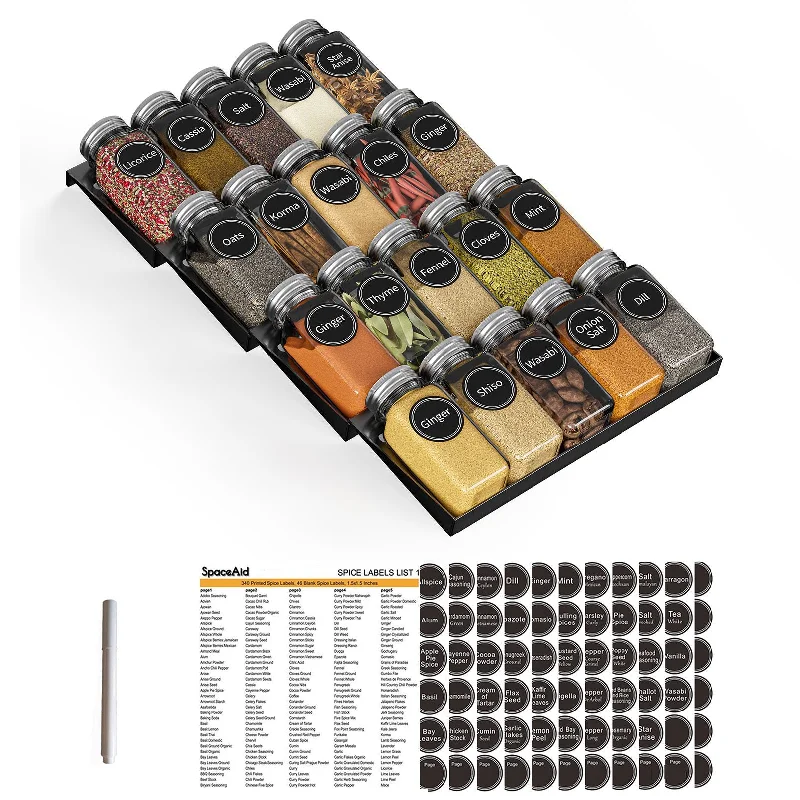 SpaceAid Spice Drawer Storage Organizer with 20 Glass Spice Jars, 9-1/2" Wide x 17-1/2" Deep