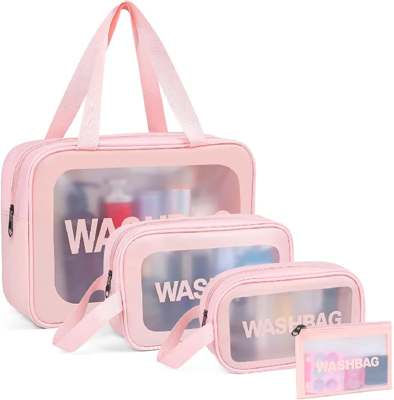 Travel Toiletry Bags 4 Pack, 4 Sizes Make Up Bags with Handle, Pink