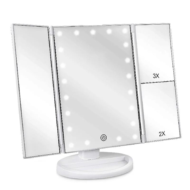 Vanity Mirror Floor Mount Tri-Fold Lighted and 3X/2X/1X Magnification,Travel Mirror