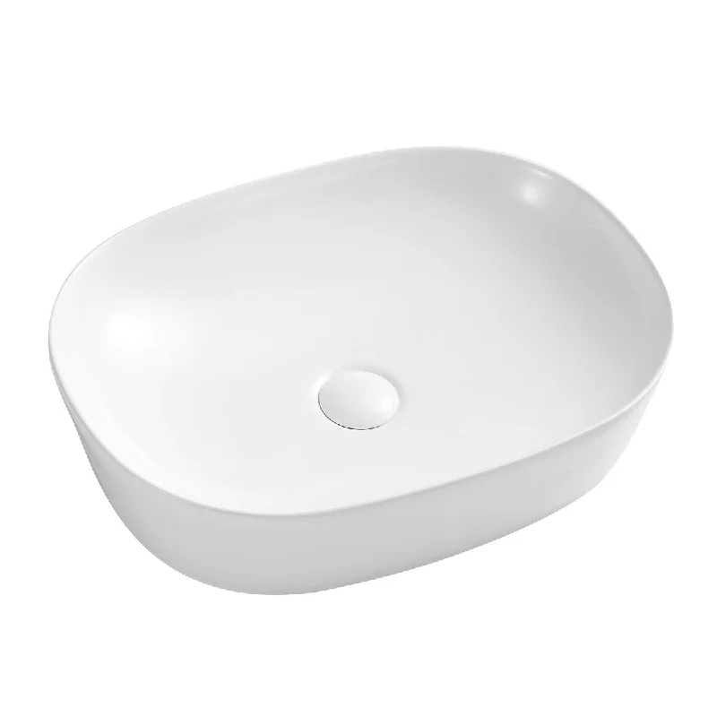 White Oval Bathroom Vessel Sink with Ceramic Drain Stopper - 19.69 in. width