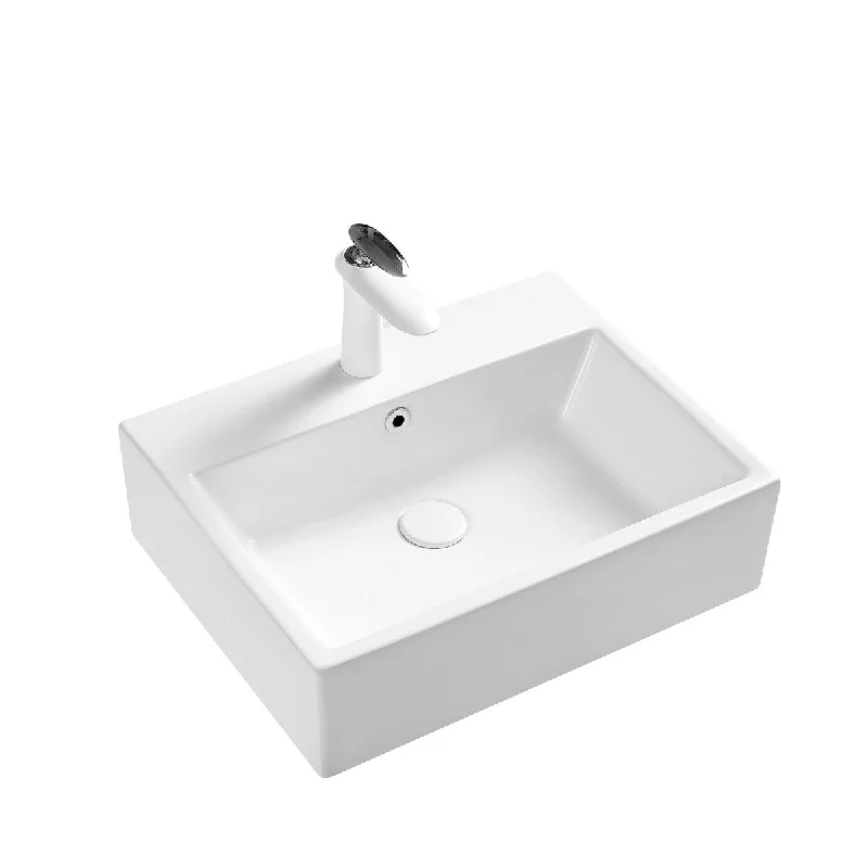 White Rectangle Bathroom Vessel Sink with Ceramic Drain And Overflow - 21.06 in. width