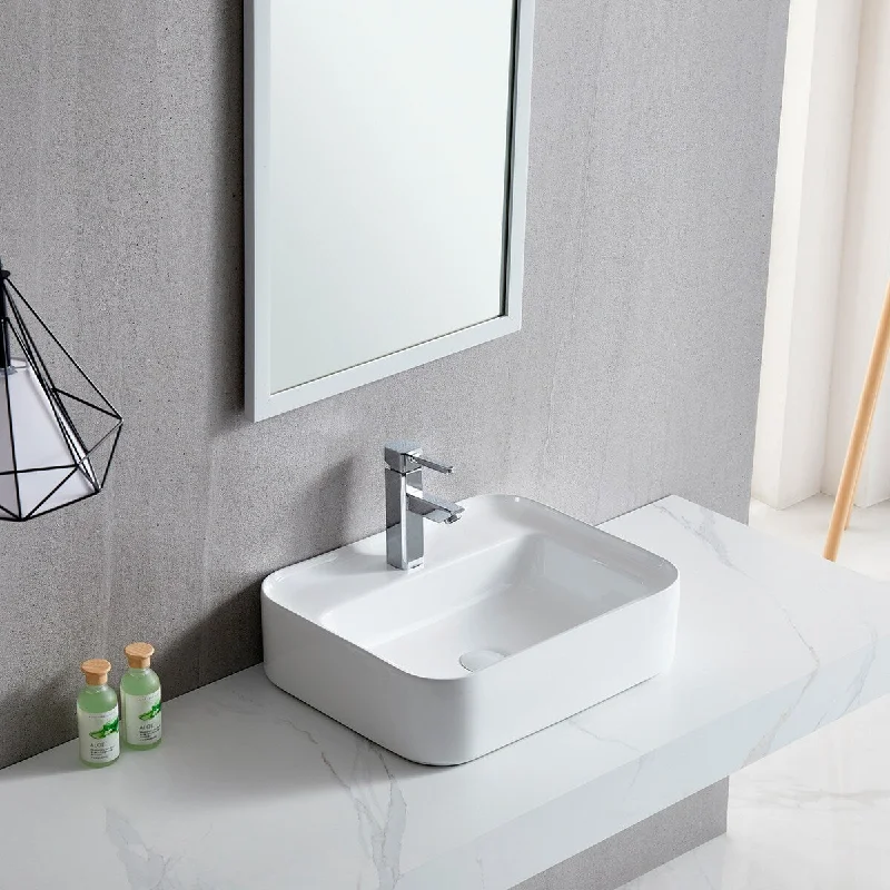 White Rectangle Bathroom Vessel Sink with Ceramic Drain Stopper - 19.69 in. width