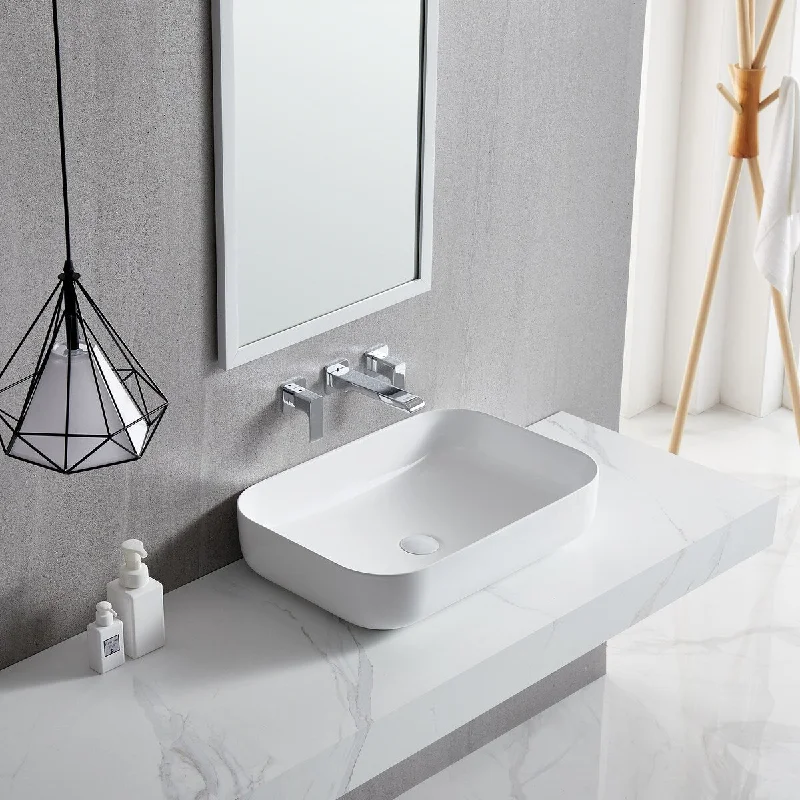 White Rectangle Bathroom Vessel Sink with Ceramic Drain Stopper - 23.62 in. width