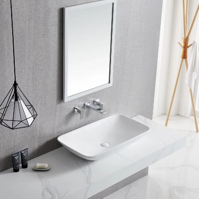 White Rectangle Bathroom Vessel Sink with Ceramic Drain Stopper - 27.56 in. width