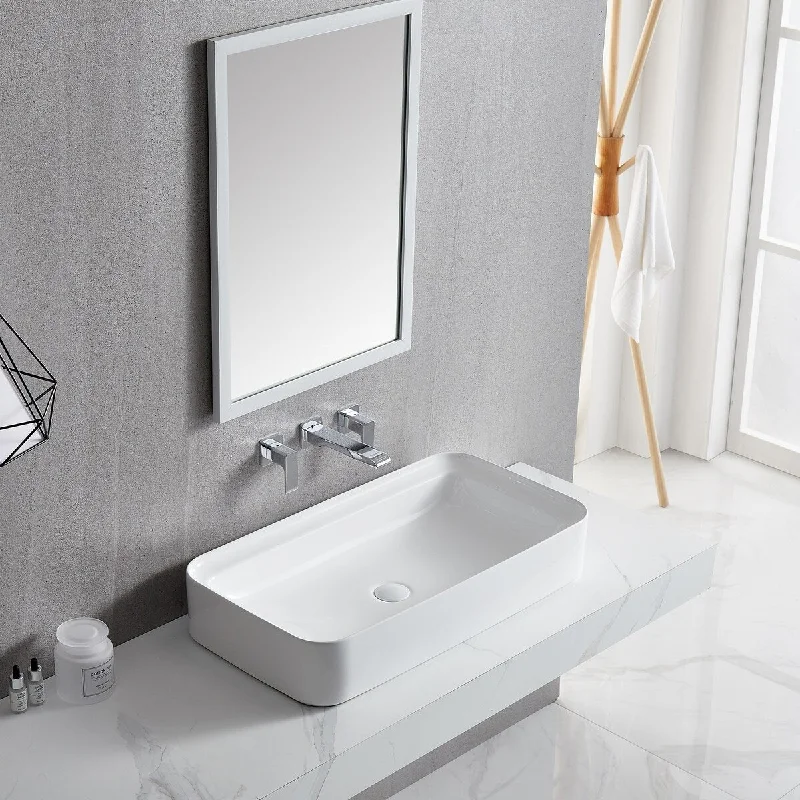 White Rectangle Bathroom Vessel Sink with Ceramic Drain Stopper - 29.92 in. width