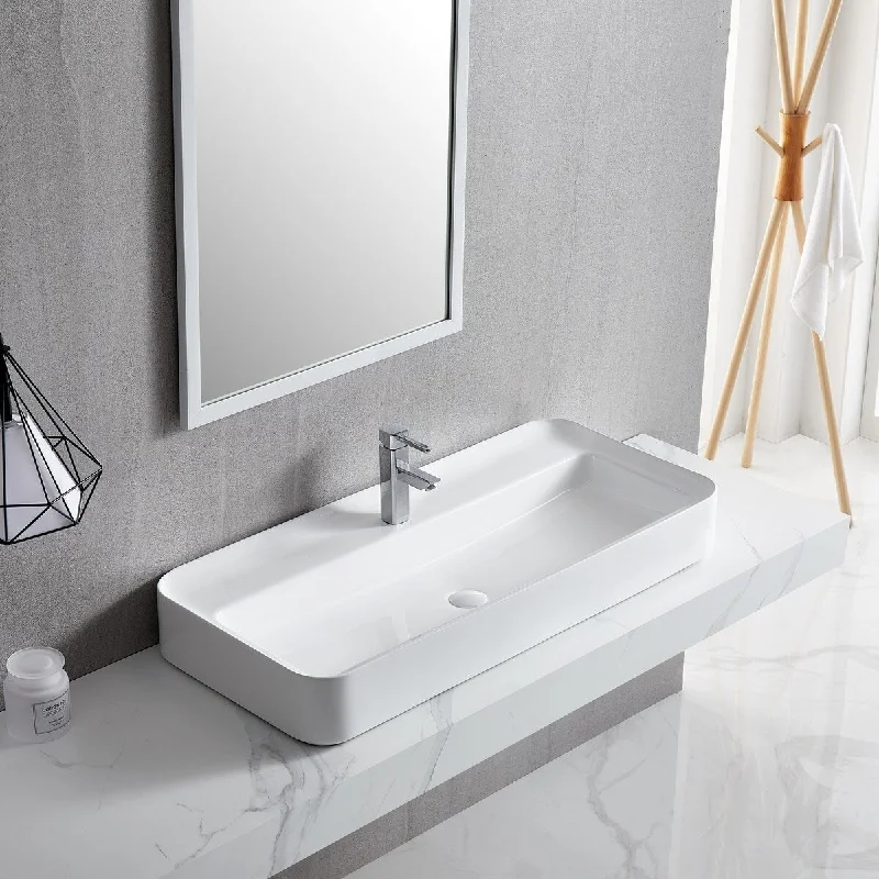 White Rectangle Bathroom Vessel Sink with Ceramic Drain Stopper - 39.37 in. width